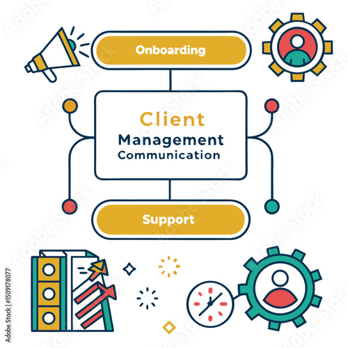 Conceptual illustration of client management communication onboarding and support strategies for business success