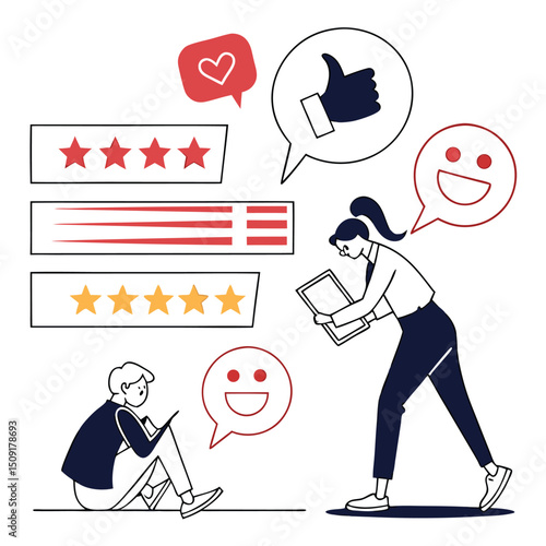 Customer experience illustration featuring positive feedback ratings and digital surveys representing approval and satisfaction