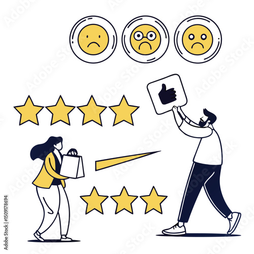 Customer feedback and rating system represented by emoticons, star ratings, and positive affirmations illustration
