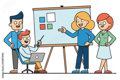 Group of business professionals presenting a project plan on a whiteboard during a team meeting