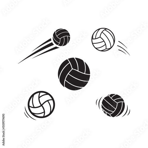 Black and white volleyballs in various action poses illustrating sport and movement vector design