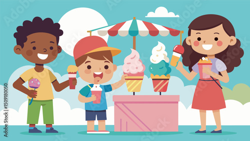 A summer fair where children enjoy frozen aguas frescas in fun flavors like cotton candy and bubblegum.. Vector illustration