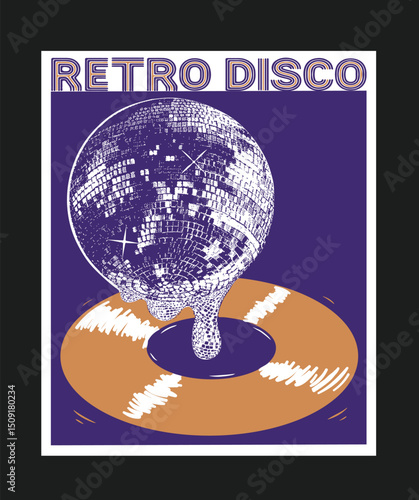 Retro vintage disco club vector design, Disco ball melting on disk vector illustration. Vintage Disco party artwork for t shirt, poster, Wall art 