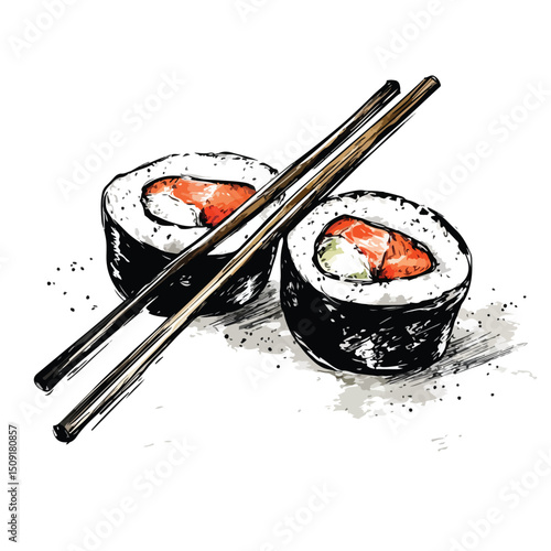 Japan Sushi Food with Chopsticks Scribble Vector Illustration for Design Projects