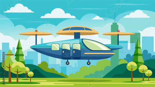 A futuristic air taxi with its efficient design and sustainable energy source hovers quietly over a bustling park embodying a greener future for transportation.. Vector illustration