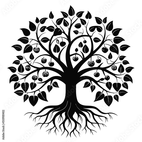 Intricate black silhouette tree with leaves, roots, and stylized fruit against a white background.