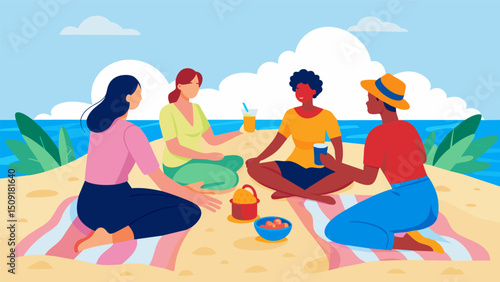 A picnic on the beach becomes a traditional mate ritual as friends sit in a circle on colorful blankets enjoying the refreshing and bitter taste of the drink.. Vector illustration
