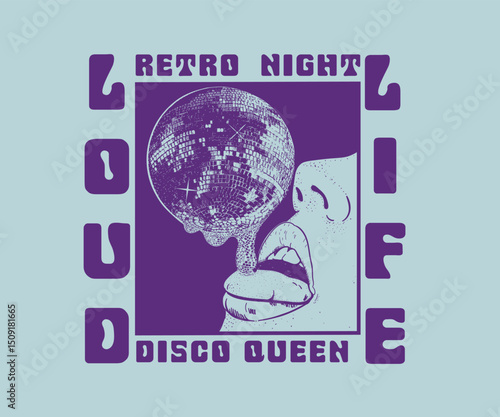 Retro vintage disco club vector design, Disco girl eating disco ball vector art, Vintage disco party artwork for t shirt, poster, wall art
