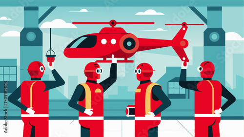 A group of robotic arms clad in vibrant red carrying out routine maintenance checks on the intricate wiring of an air taxi while technicians monitor from hightech control panels.. Vector illustration