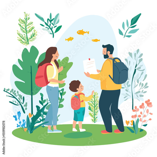 Back to School: Fathers and Children on the First Day of Class Illustration