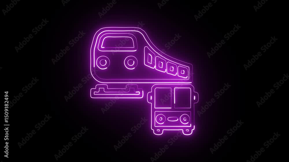 glowing neon public transport icon isolated, black background, HD video motion graphic animation glowing neon public transport icon isolated, black background, HD video motion graphic animation