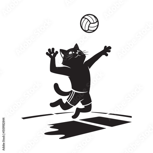 Playful silhouette of a cat spiking a volleyball in a sports competition vector design