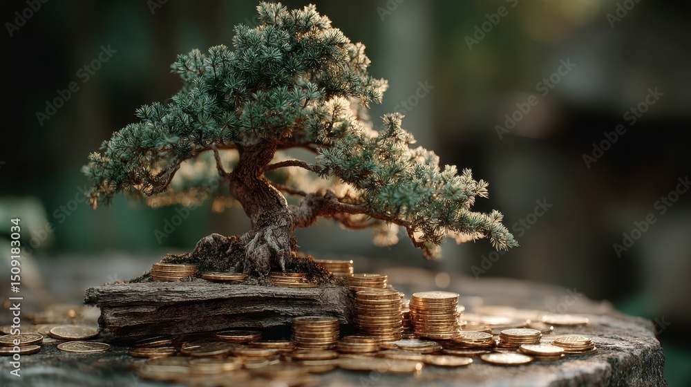 Fototapeta premium A small bonsai tree grows on a pile of neatly stacked gold coins, symbolizing wealth and financial growth.