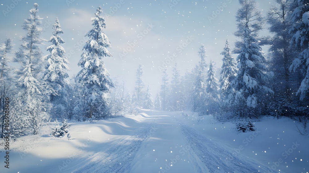 Obraz premium Snowy winter forest pathway under a light snowfall.