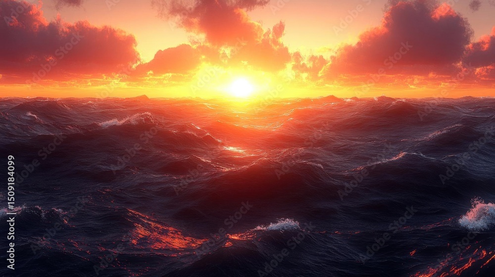 Obraz premium Fiery Sunset Over Ocean Waves