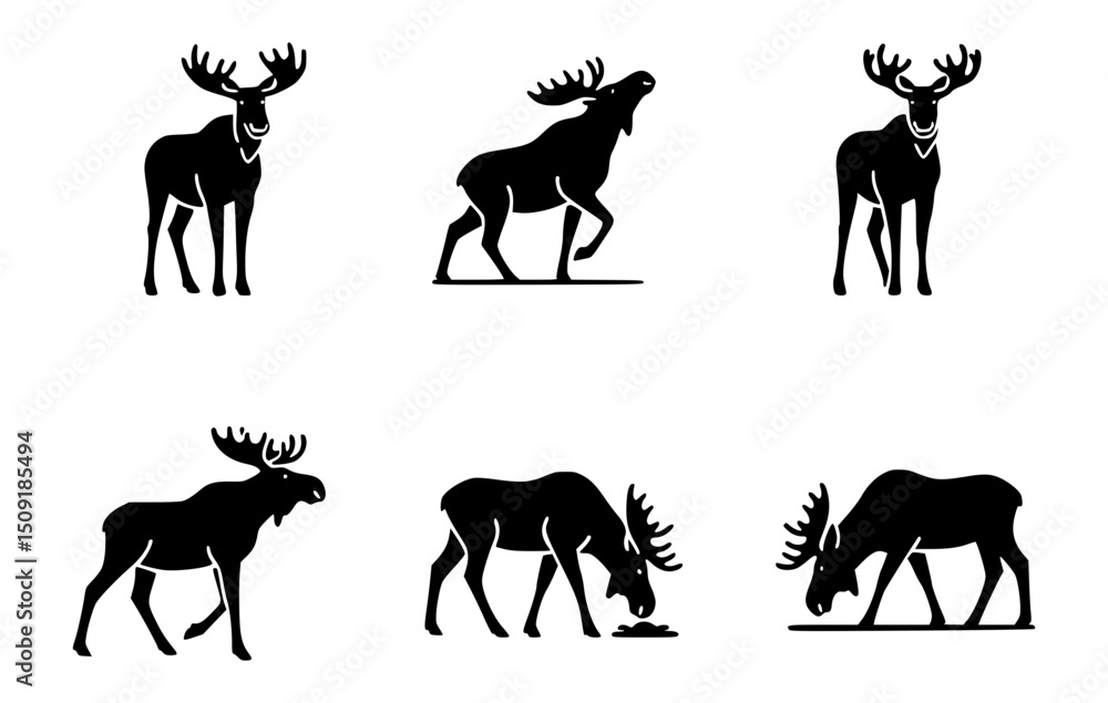Fototapeta premium Six silhouettes of majestic moose in various poses and attitudes. Each image showcases the moose's distinctive antlers and body structure