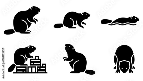 A set of six beaver icons in various poses. These monochrome images capture the beaver in different activities and angles