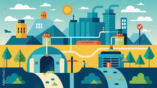 A bustling metropolis is shown with a network of underground tunnels allowing eVTOLs to recharge their batteries at designated stations powered by geothermal heat or kinetic. Vector illustration