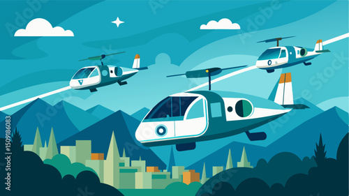A fleet of electric air taxis silently glide through the air reducing noise pollution and carbon emissions.. Vector illustration