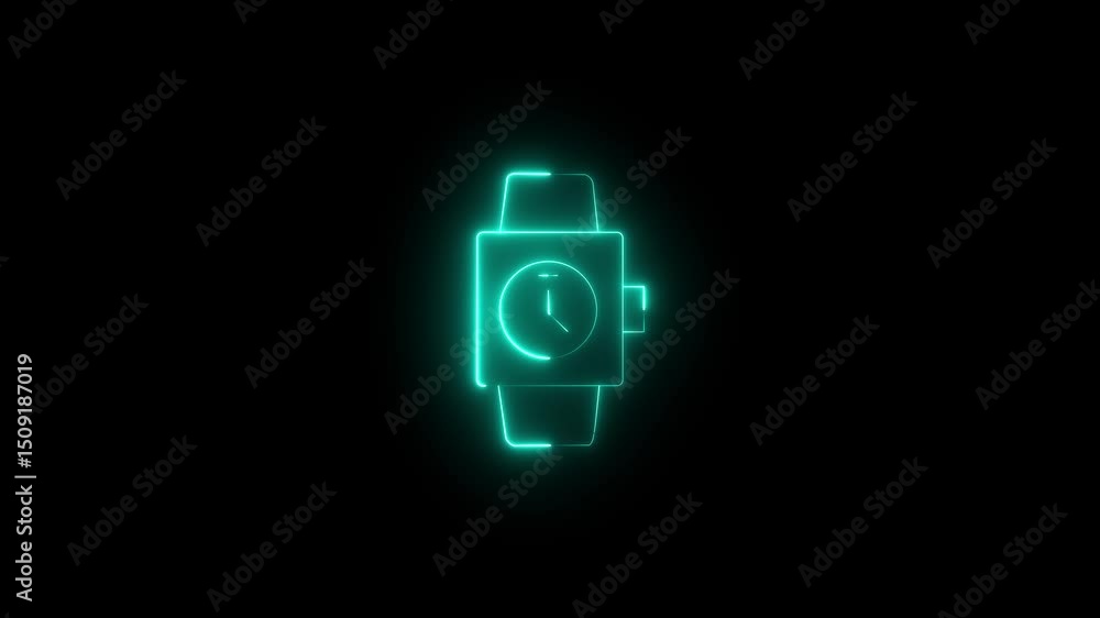 A glowing neon sign of a smartwatch against a dark background, symbolizing modern technology, time management, and digital lifestyle with a futuristic touch