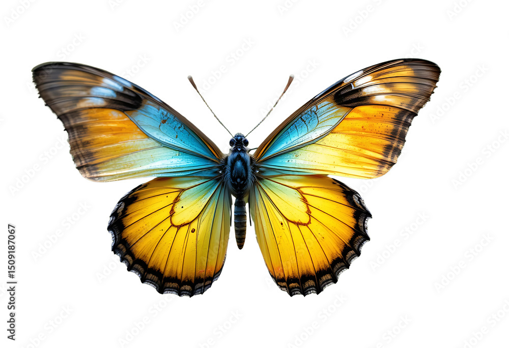 Obraz premium Butterfly flying with blue, yellow, orange wings, transparent.