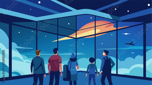 A group of tourists marveling at the transparent roof of the terminal offering a breathtaking view of the starry night sky above making their air taxi experience truly out of this. Vector illustration