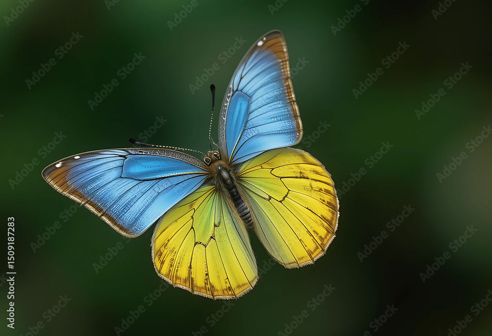 Fototapeta premium Blue-yellow butterfly fluttering, clear background.