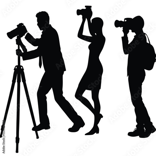 Silhouette depictions of three photographers with cameras and equipment on a white background