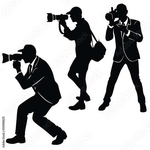 Silhouette group of photographers in action capturing photos with professional camera equipment