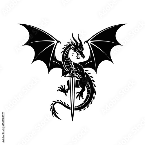 Black Dragon with Sword: A fearsome black dragon, wings outstretched, grips a sword, creating a powerful and symbolic image perfect for fantasy designs. 