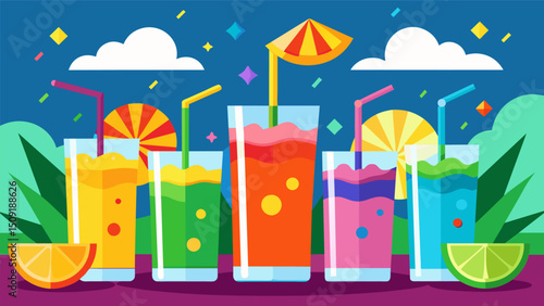 A rainbowhued display of aguas frescas at a lively fiesta each one more tempting than the last.. Vector illustration