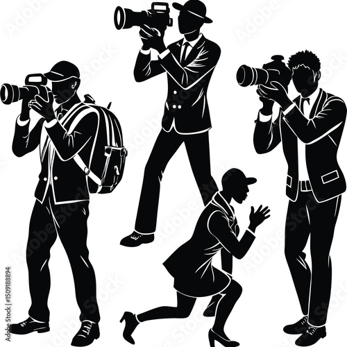 Silhouetted photographers capturing moments posed in various actions and positions
