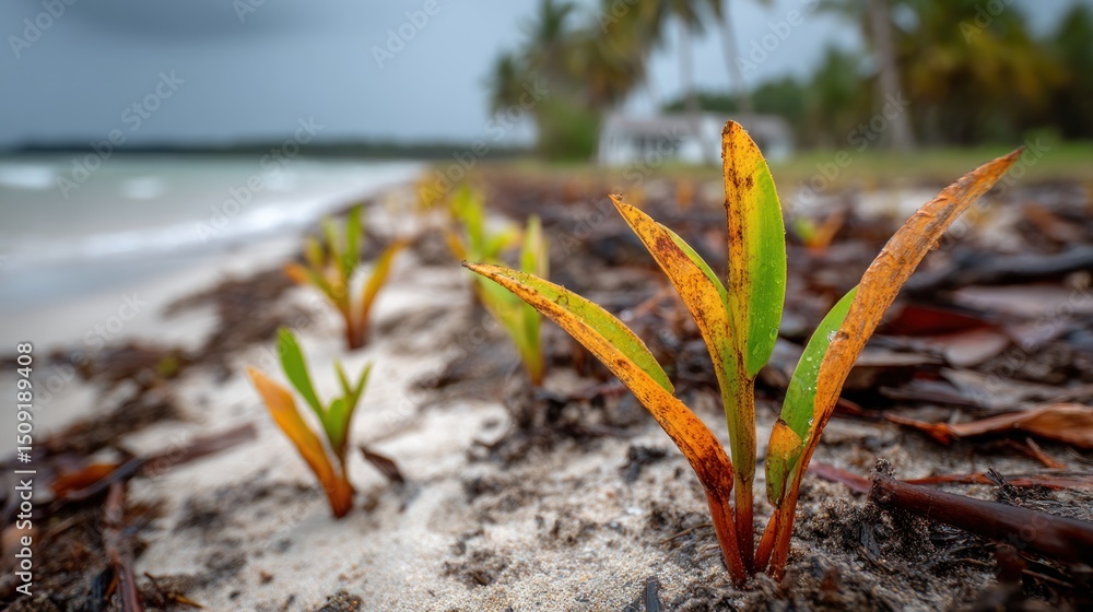 Fototapeta premium Young coconut palms sprouting on a sandy beach.