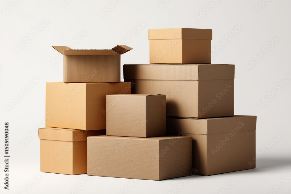 A collection of assorted cardboard boxes stacked creatively on a white background. A collection of assorted cardboard boxes stacked creatively on a white background.