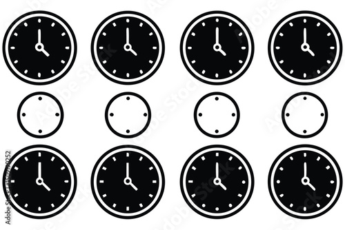 Black and white clock icons illustrating time and punctuality concept on a white background.