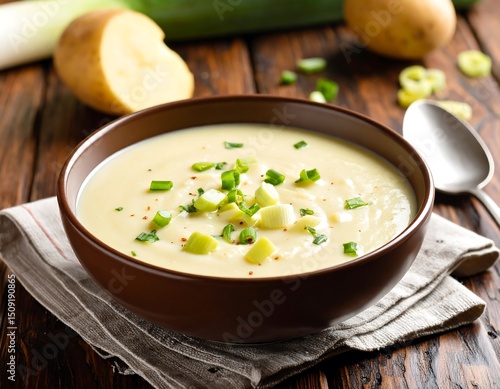 Creamy potato leek soup in a brown bowl, garnished with chopped leeks