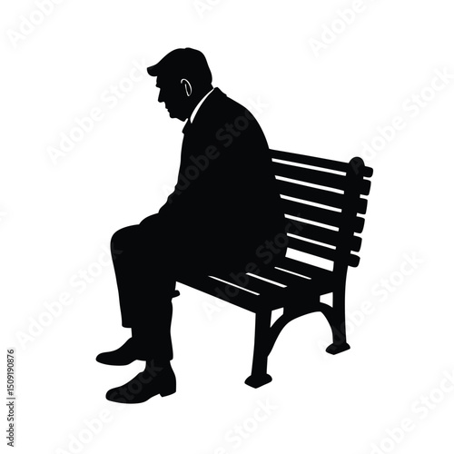 Old Man Sitting On Bench Thoughtful Scene Silhouette Vector Art Illustration