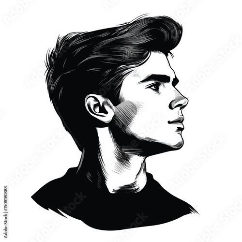 Professional Black and White Vector Illustration of Young Man Profile Portrait