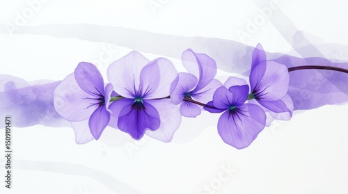 Blue and purple spring flowers blossom beautifully on a white background, highlighting nature's delicate floral beauty