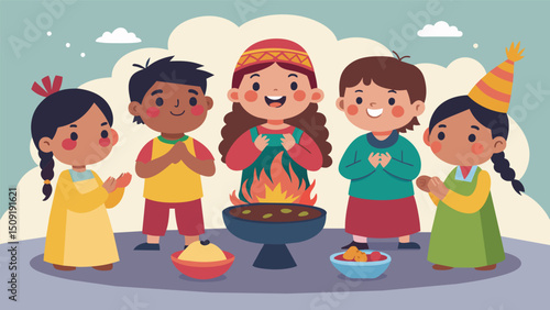 A group of children playing nearby eagerly anticipating the finished Pachamanca meal and the chance to taste cooked food from the earth oven.. Vector illustration