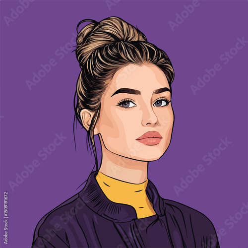 Professional Illustration of Young Woman Character in Pop Art Style on Purple Background