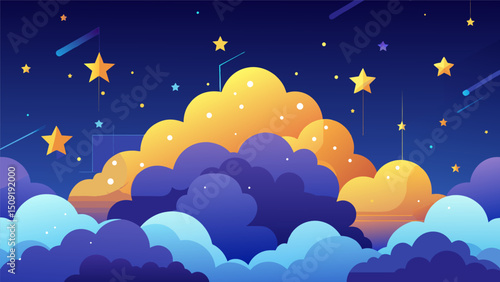 A cloudy sky filled with bright digital stars representing the limitless potential of using quantum computing for data analysis.. Vector illustration