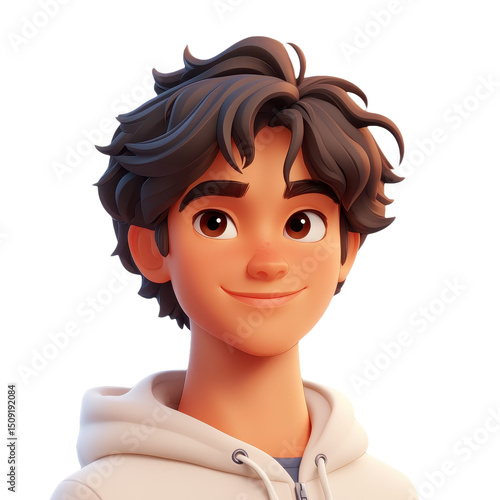 Animated Boy Portrait: A Cheerful Cartoon Character with a Friendly Smile, Trendy Hoodie, and Youthful Charm in a Modern Digital Rendering