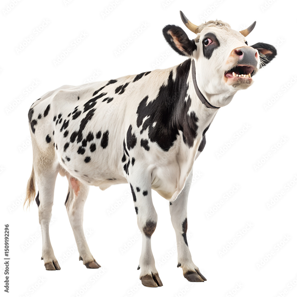 Fototapeta premium Dairy Cow's Vocalization: A close-up portrait of a Holstein dairy cow, showing off its distinctive black and white coat and open mouth, it showcases the cow's unique sound. 