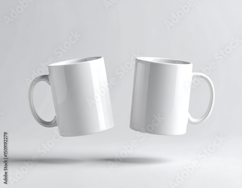 Two blank white mugs levitate against a light grey background