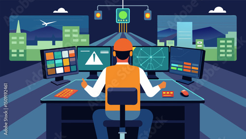 A closeup of a traffic control center with operators monitoring and adjusting traffic signals based on data analysis and predictions.. Vector illustration