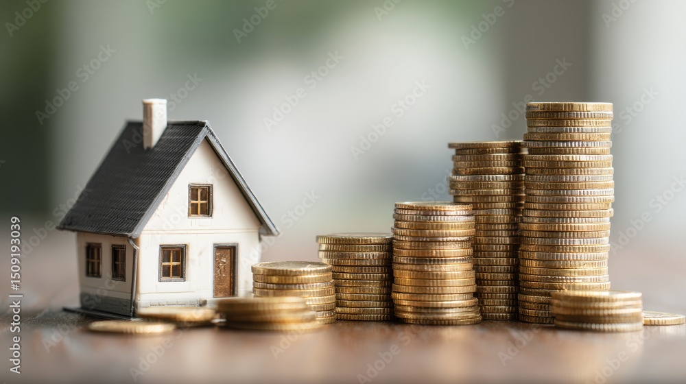 Ultra quality image of financial growth concept, real estate tax. Miniature house and a stack of coins. Financial growth concept, real estate tax, buying and selling houses. Ultra quality image of financial growth concept, real estate tax. Miniature house and a stack of coins. Financial growth concept, real estate tax, buying and selling houses.