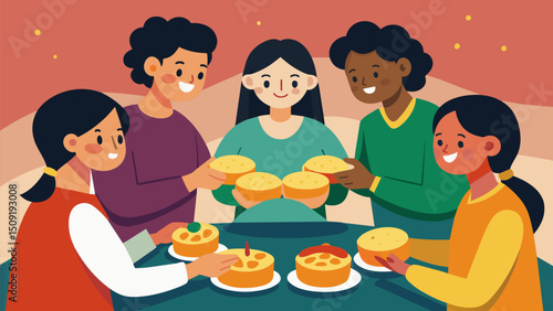 A group of friends sharing a platter of mini arepas each one filled with a unique and delectable combination of flavors.. Vector illustration