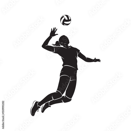 Silhouette of a female volleyball player jumping and spiking the ball in dynamic action