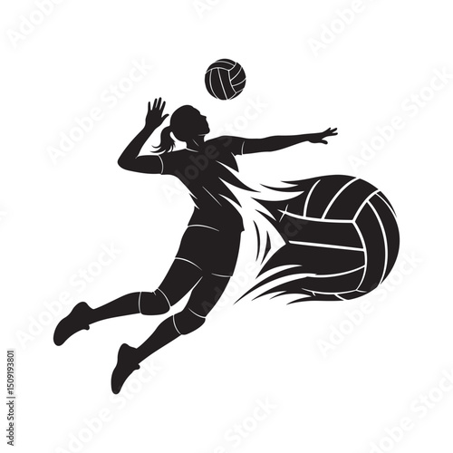 Silhouette of a female volleyball player spiking the ball in dynamic motion design